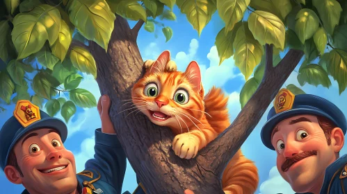 Cartoon Policemen Rescuing a Cat Stuck in a Tree