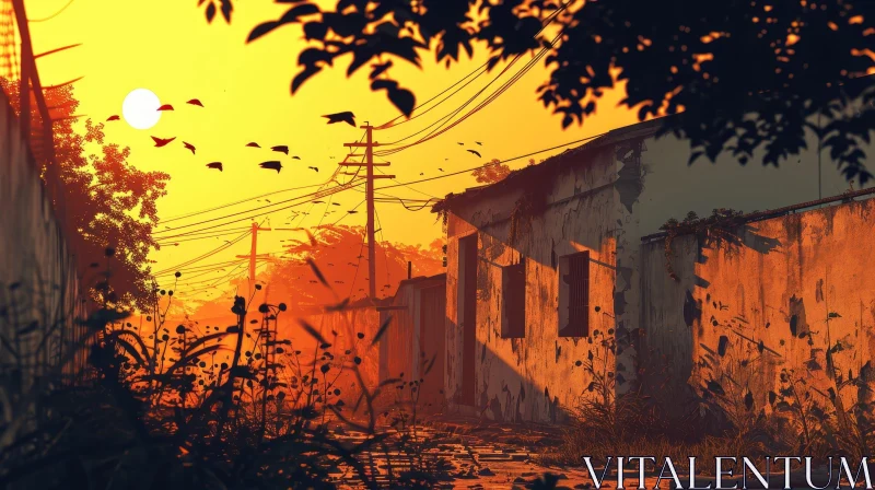 Digital Painting of a Beautiful and Melancholic Street Scene at Sunset AI Image