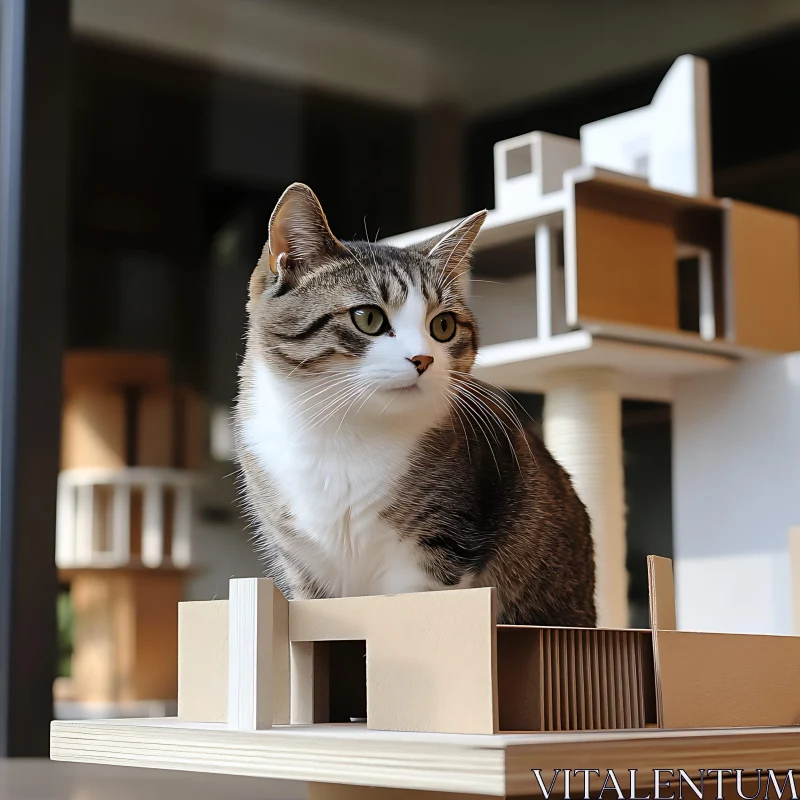 Cat Posing with Architectural Miniature AI Image