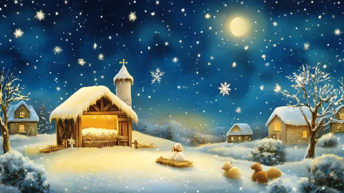 Christmas Nativity and Snowy Landscape under Starry Sky