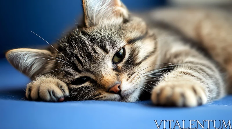 Resting Cat Close-Up on Blue Background AI Image