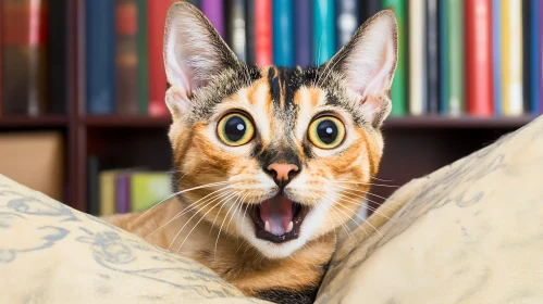 Astonished Cat Expression with Cozy Background