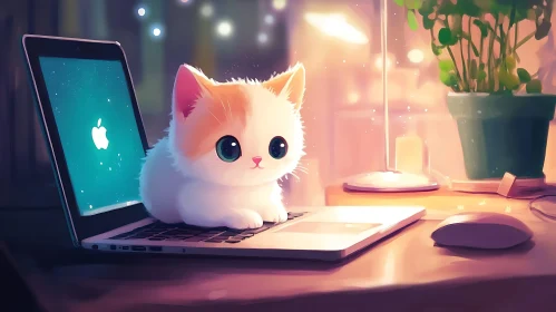 Adorable Cat in Digital Artwork on Desk