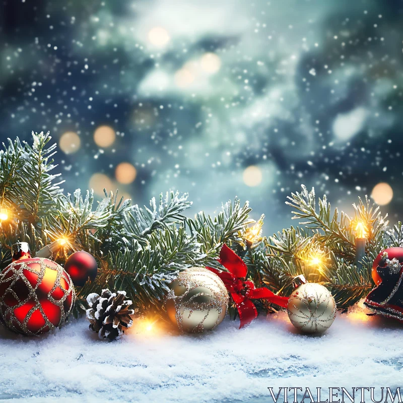 Christmas Ornaments on Snowy Pine Branches