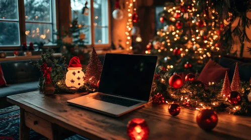 Holiday Decor Featuring Laptop and Christmas Tree