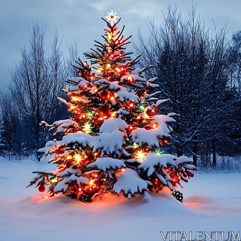 Decorated Tree with Lights in Winter Snow Scene AI Image