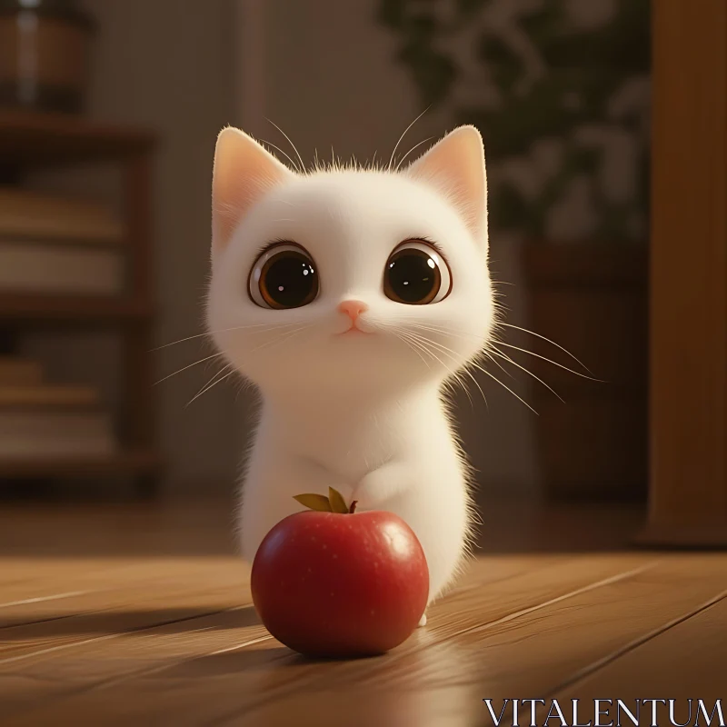 Charming Kitten and Apple on Wooden Floor