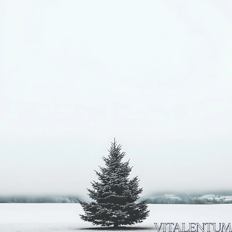 Lonely Pine Tree in Winter Landscape