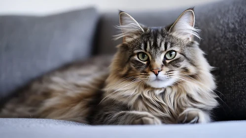 Relaxed Long-Haired Feline on a Sofa