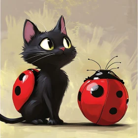 Whimsical Black Cat and Ladybug Illustration