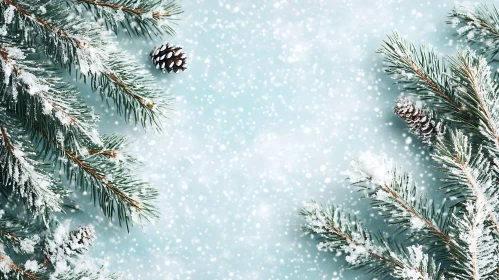 Frosted Pine Branches and Pinecones in Snow