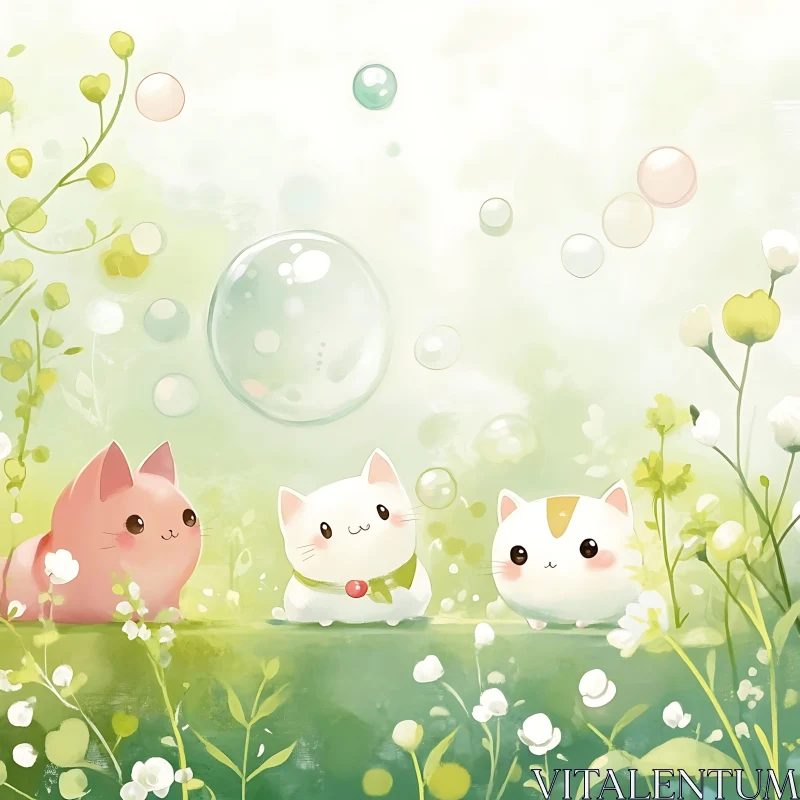 Adorable Anime Cats and Floating Bubbles in Nature