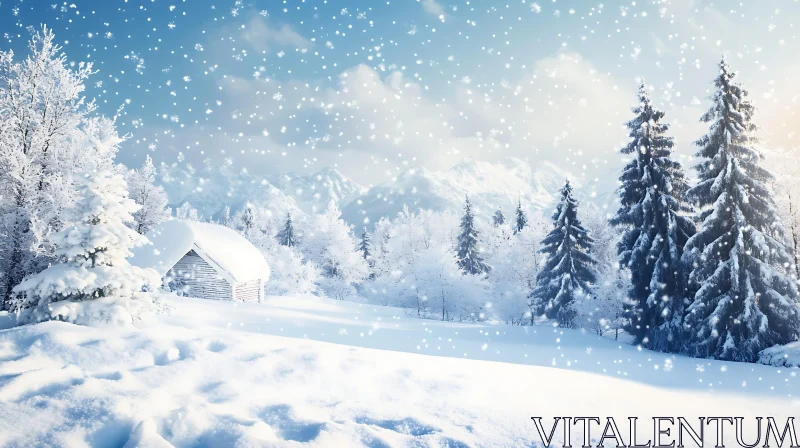 Serene Snow-Covered Cabin & Pine Trees