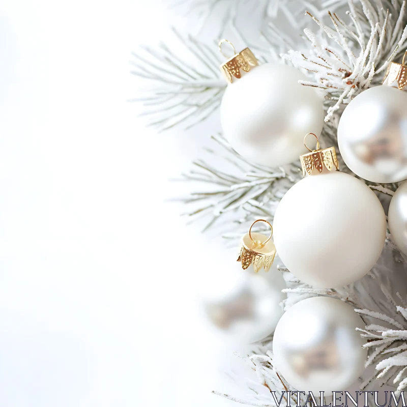 White Holiday Ornaments on Frosted Evergreen AI Image