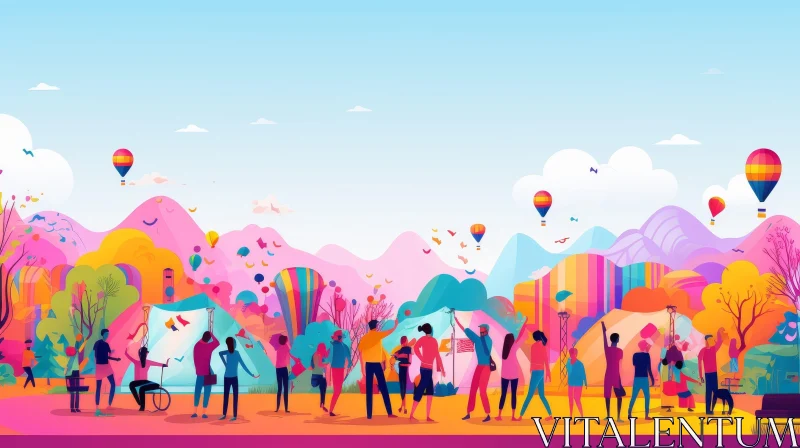 Joyful Outdoor Festival Illustration with Diverse Group of People AI Image