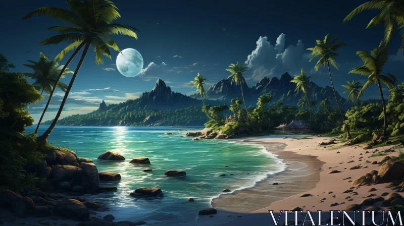 Moonlit Beach Tropical Scene Illustration AI Image