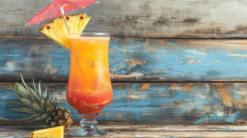 Refreshing Tropical Cocktail with Pineapple on Wooden Table