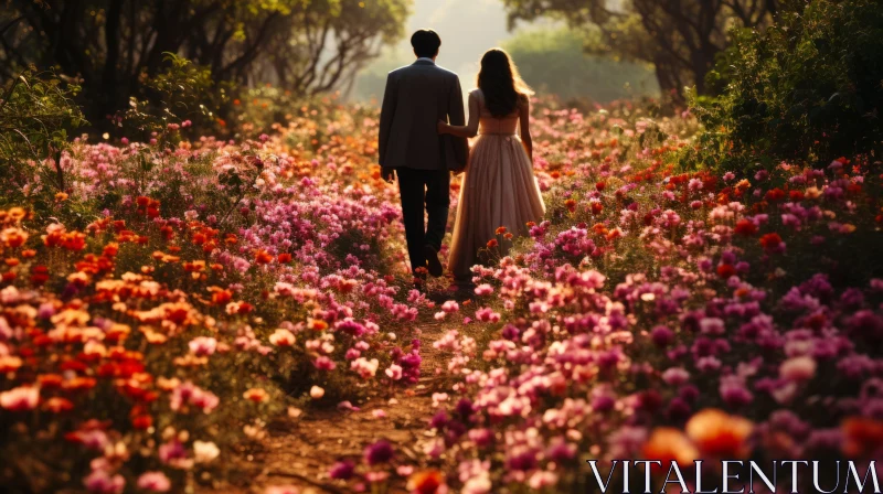 Romantic Wedding Stroll in a Flower Field AI Image