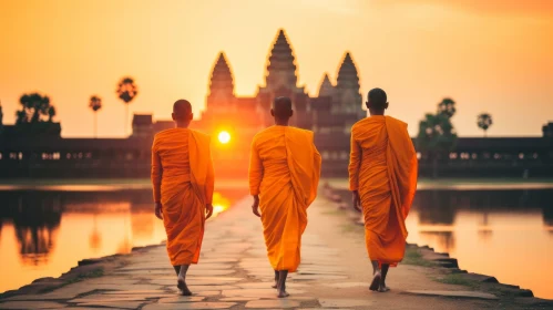 Sunset: Three Monks Walking Down a Path in Cambodian Art Style