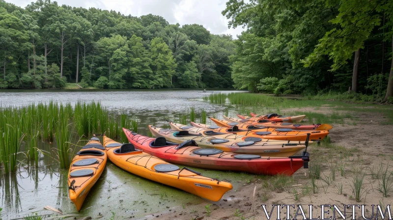 Tranquil Lake Shore with Colorful Kayaks AI Image