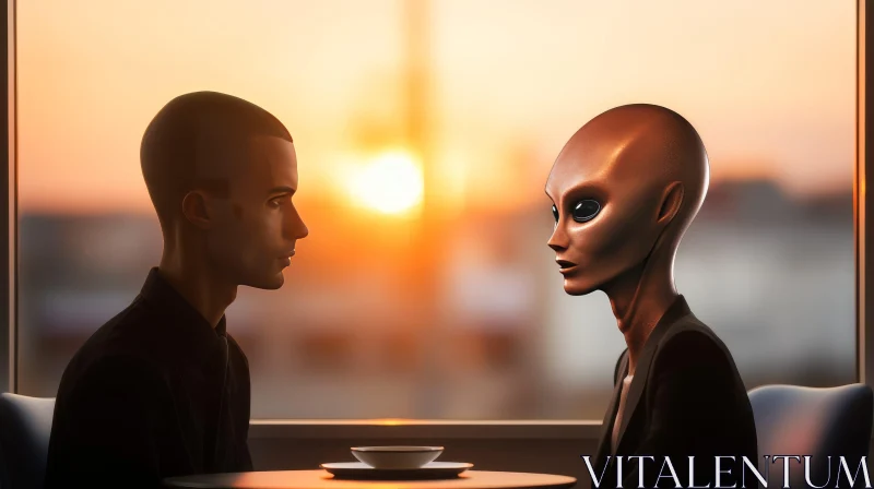 AI ART Unique Encounter: Human and Alien in Restaurant Conversation