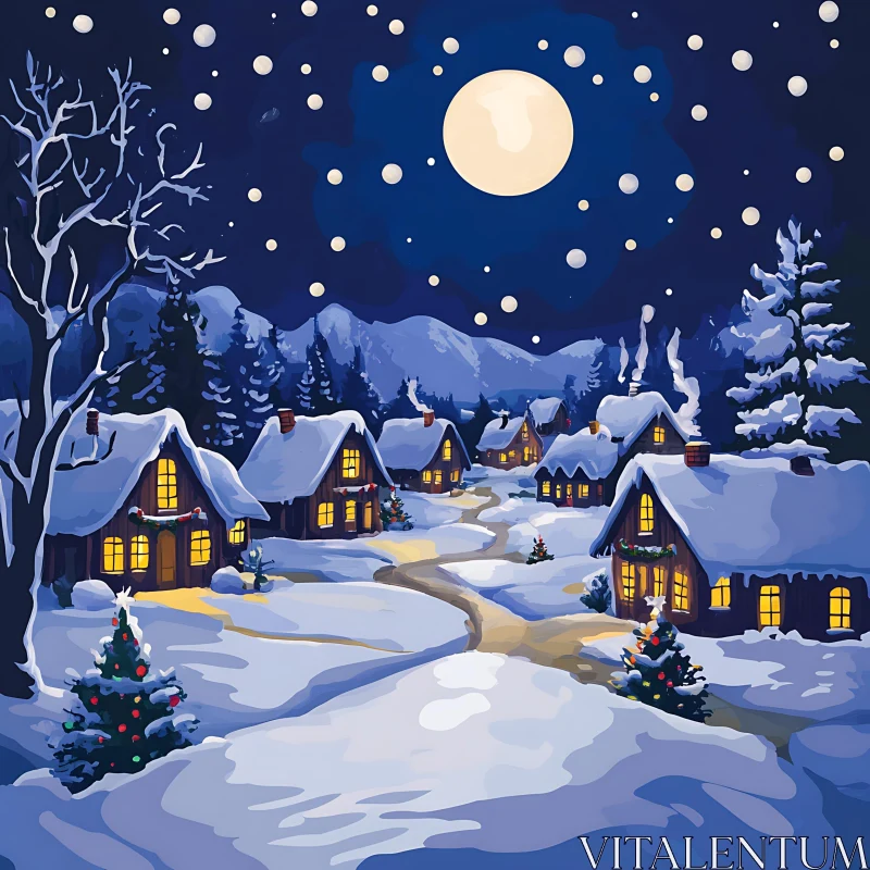 Peaceful Snowy Night in a Village AI Image