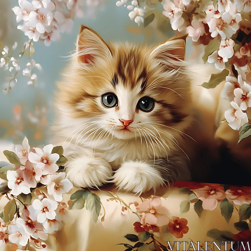 Charming Kitten with Blossoming Flowers AI Image