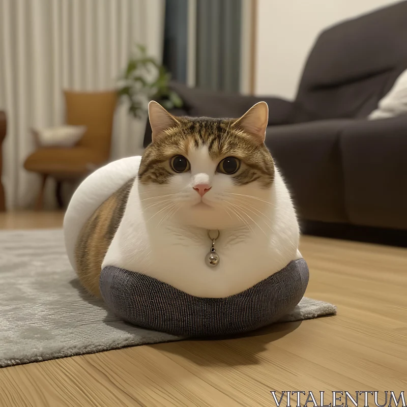 Chubby Cat in Comfortable Living Room Setting AI Image