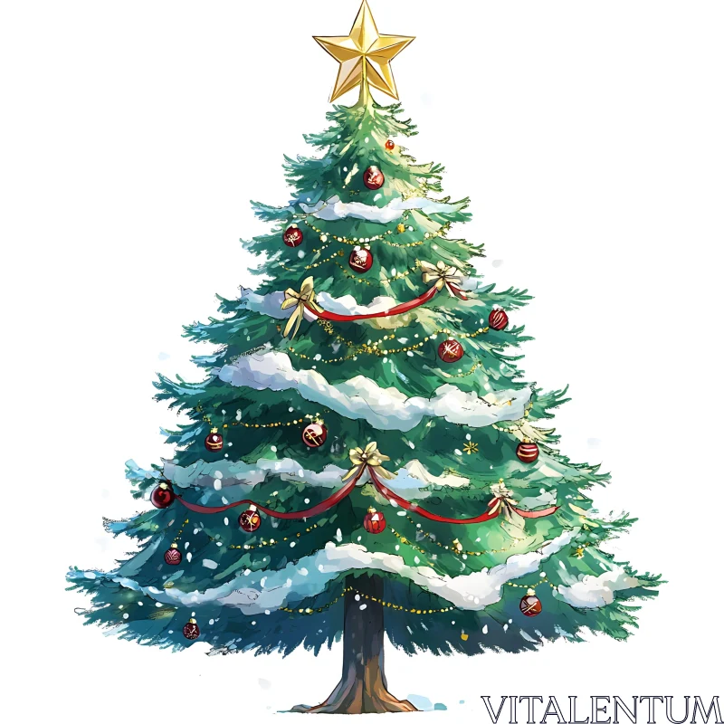 Festive Snow-Dusted Christmas Tree with Ornaments AI Image