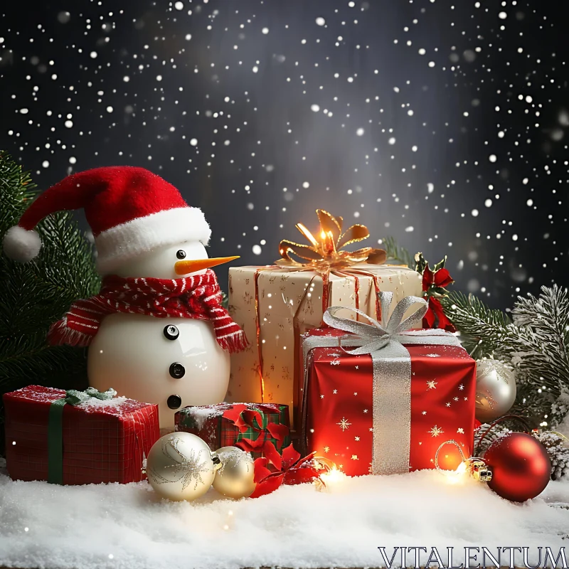 Snowman and Christmas Presents in a Festive Setting AI Image