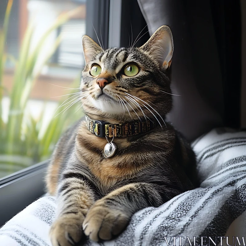 Serene Tabby Cat with Striking Green Eyes AI Image