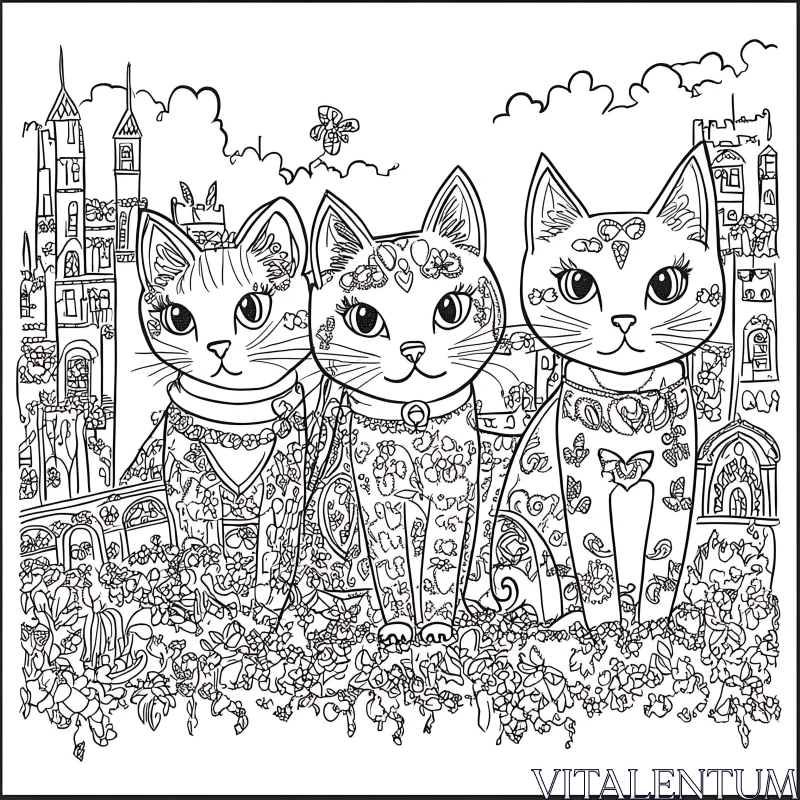 Whimsical Cats and Fantasy Castle Drawing AI Image