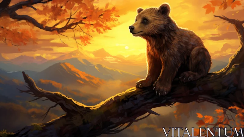 Autumn Bear Illustration: A Sunset in the Forest AI Image