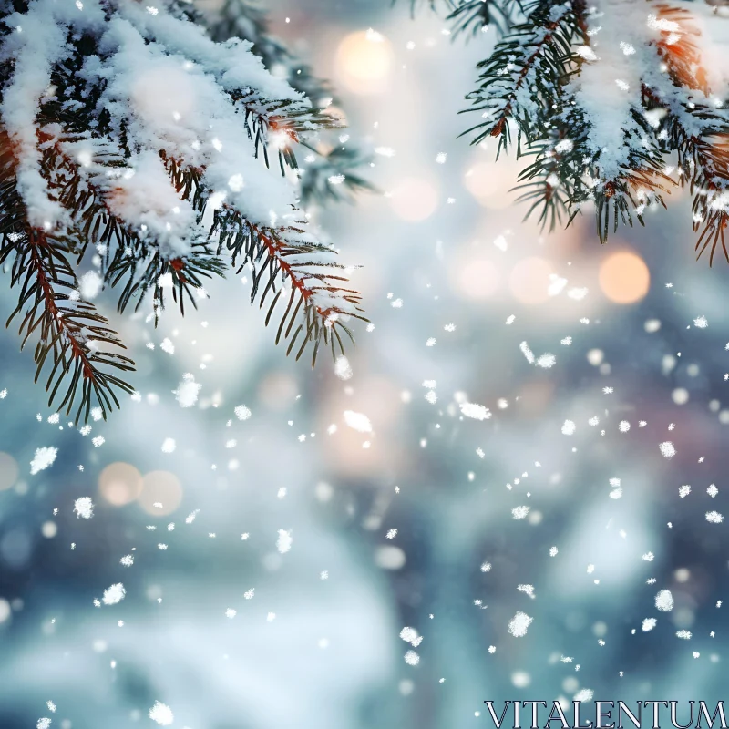 Snowflakes and Pine Branches in a Winter Scene AI Image