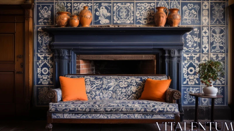 Captivating Blue Fireplace with Orange Sofa | Sgraffito Art AI Image