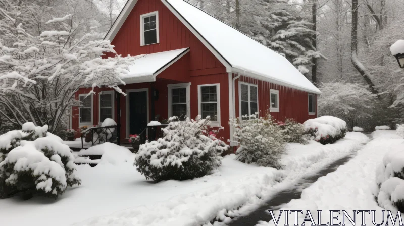AI ART Cozy Red Cottage Covered in Snow | Winter Vacation Rental
