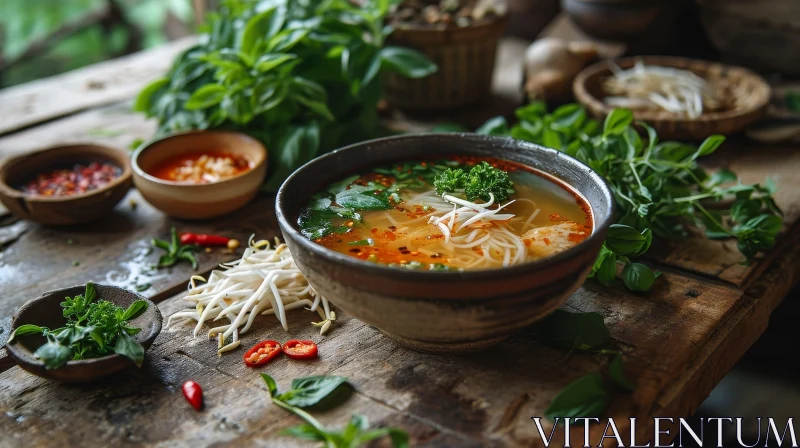 Delicious Vietnamese Pho Soup on a Wooden Table AI Image