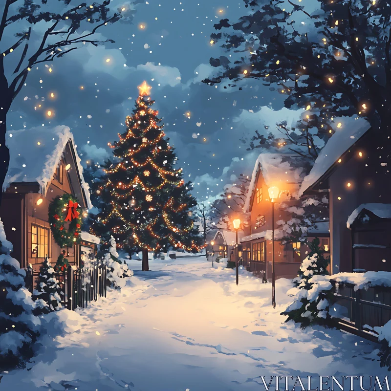 Quaint Snowy Village Adorned with Christmas Cheer AI Image