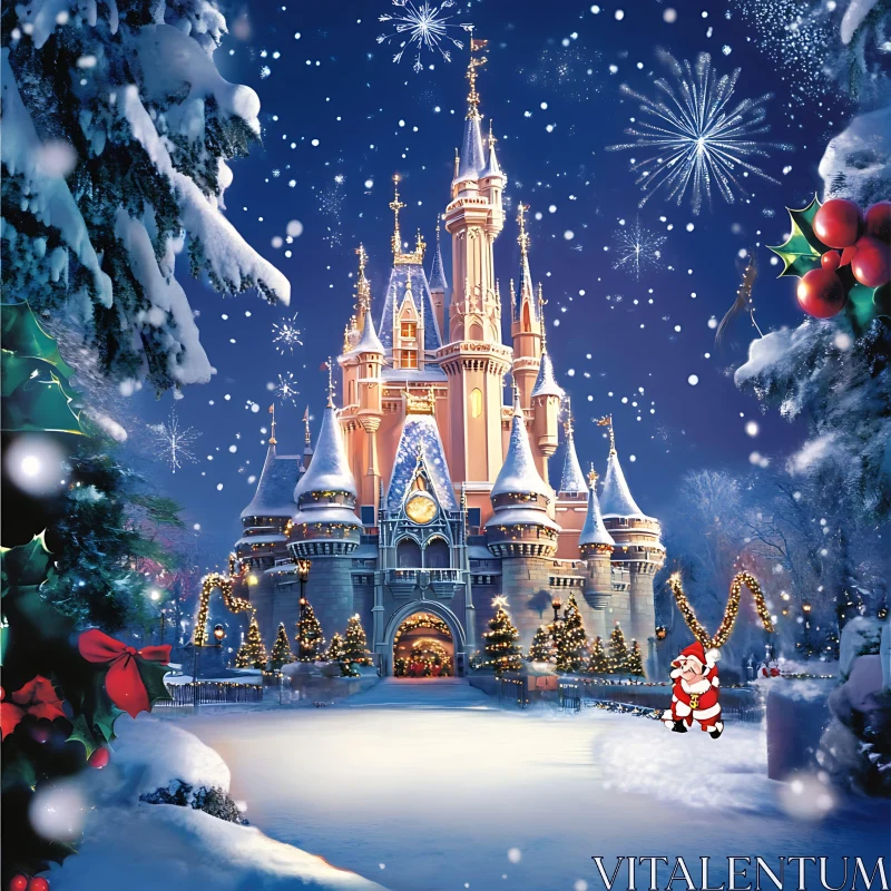 Magical Christmas Castle with Fireworks AI Image