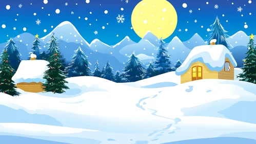 Winter Night with Snow and Cozy Cabins