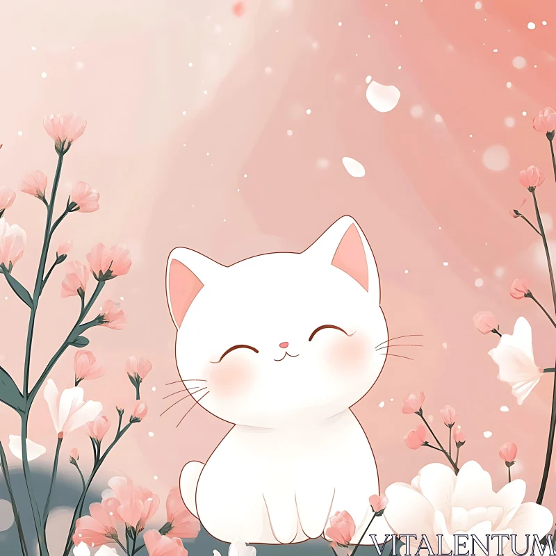 Adorable White Cat Amidst Pink Flower Blossoms AI Image