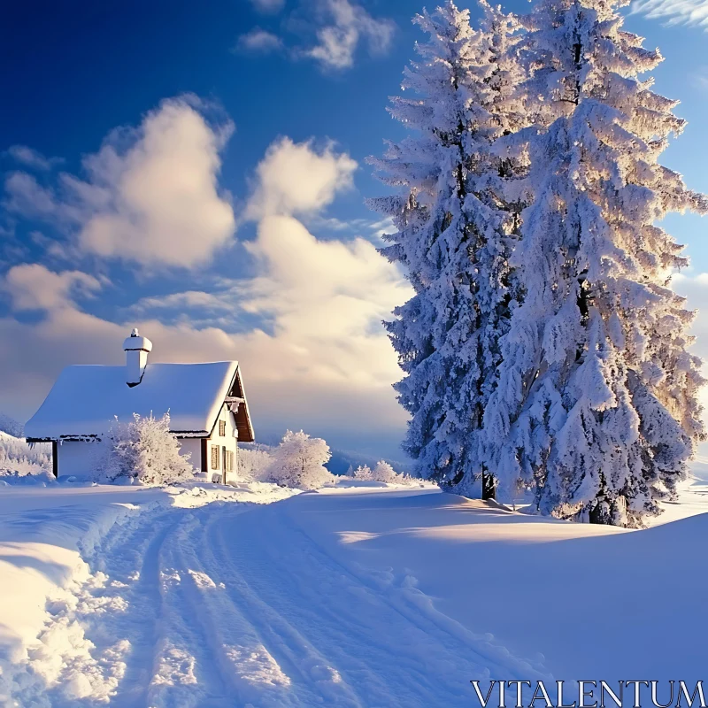 AI ART Snowy Cabin in a Peaceful Winter Landscape