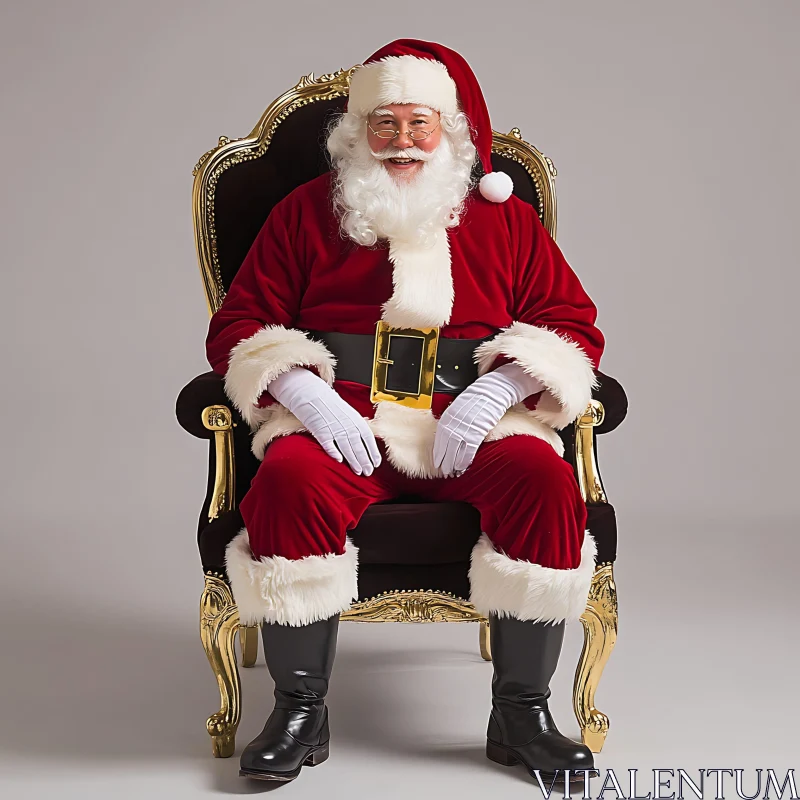 Santa in Classic Red Suit on Gold-Framed Chair AI Image