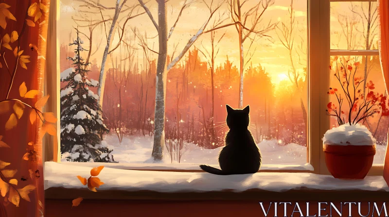 Cat Watching a Sunset Over a Winter Forest AI Image