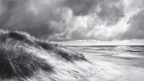 Monochrome Beach Scene with Waves and Cloudy Sky