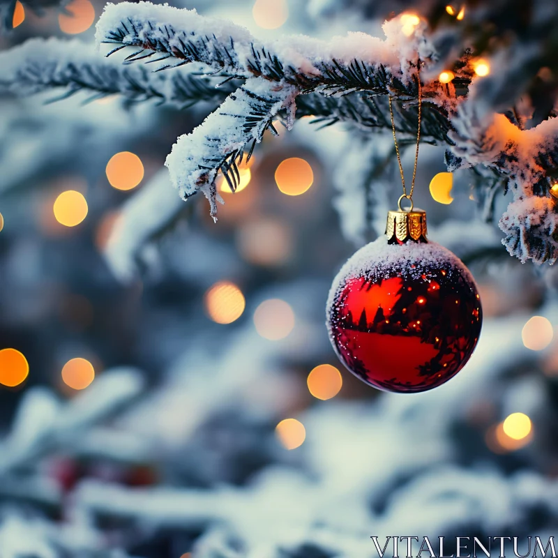 Snow-Covered Branch Holding Red Christmas Ornament AI Image