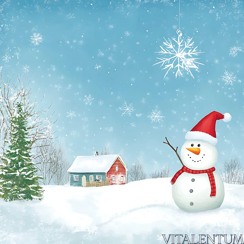 Winter Cabin with Snowman and Snowflakes AI Image