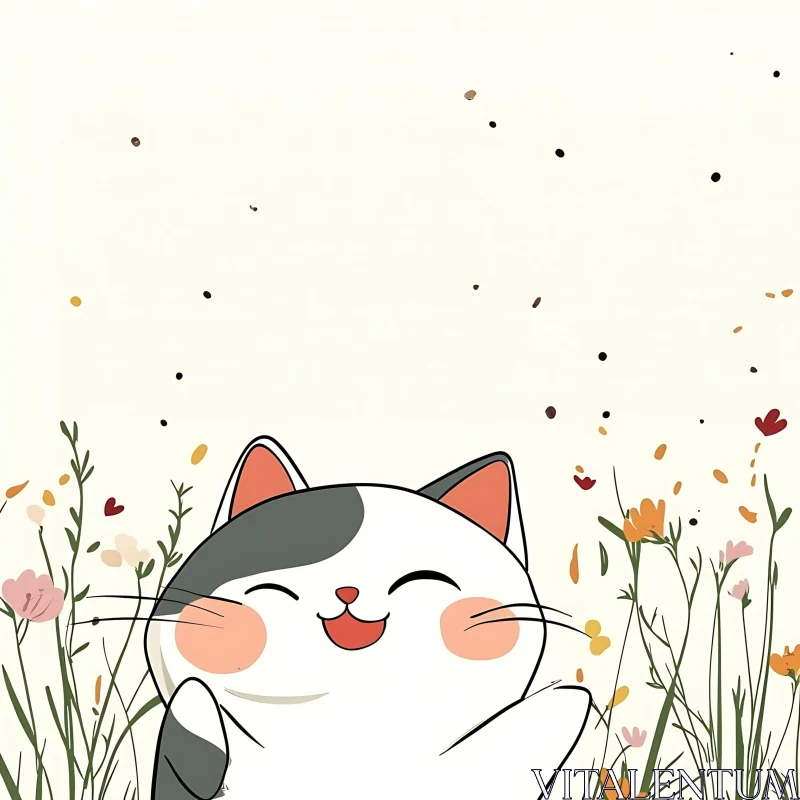 Whimsical Cat with Rosy Cheeks in a Floral Setting AI Image