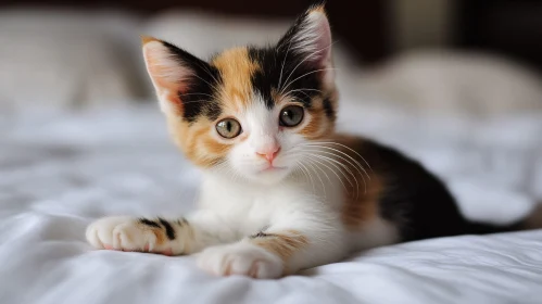 Cute Calico Kitten Resting on a White Bedspread