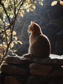 Sun-Kissed Cat on Rocks